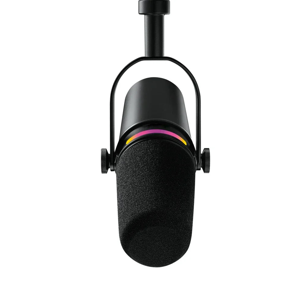 Black professional dynamic podcast microphone with sleek body rgb light ring and voice isolation technology xlr connectivity