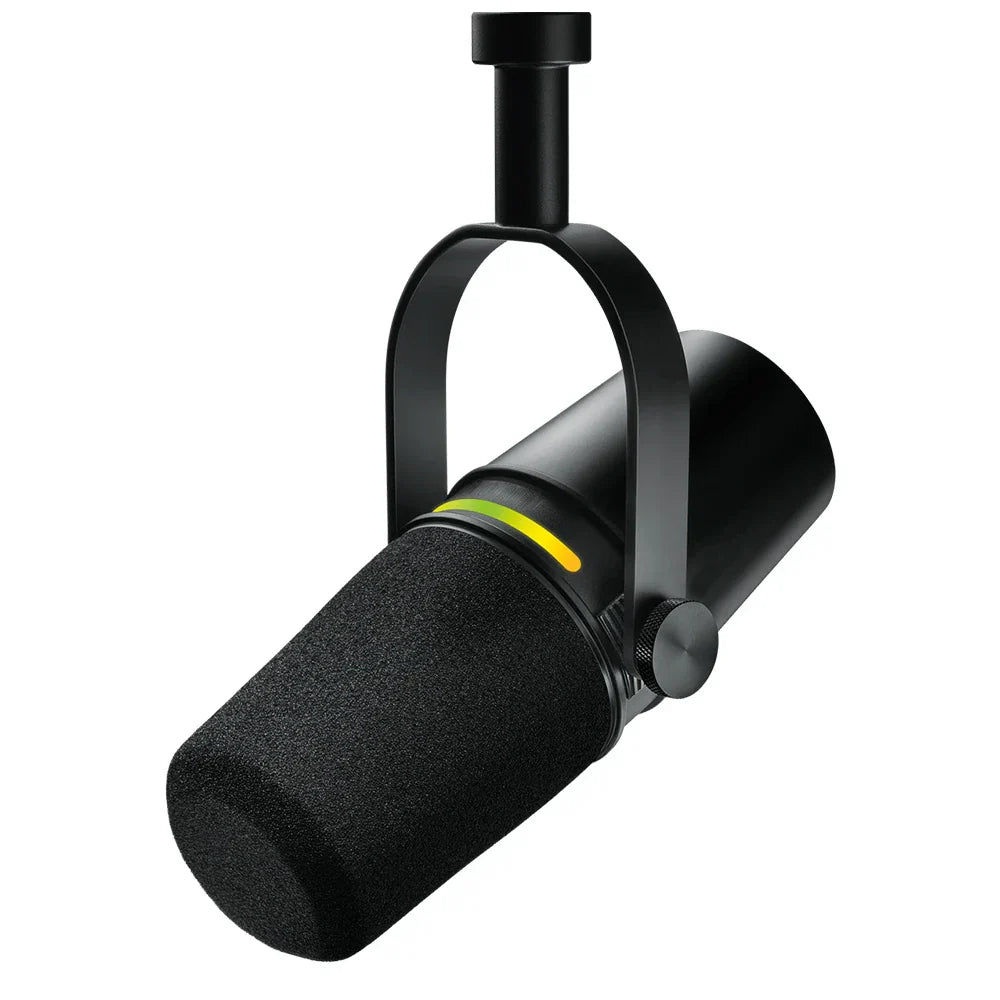 Black professional dynamic podcast microphone with matte finish, yellow accent, voice isolation technology, and xlr connectivity