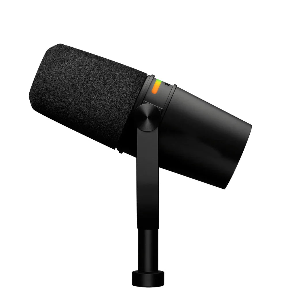 Black professional dynamic podcast microphone with textured foam windscreen orange led and xlr connectivity for streaming