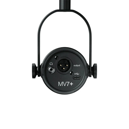 Black professional dynamic podcast microphone with voice isolation technology xlr connectivity and two adjustment knobs