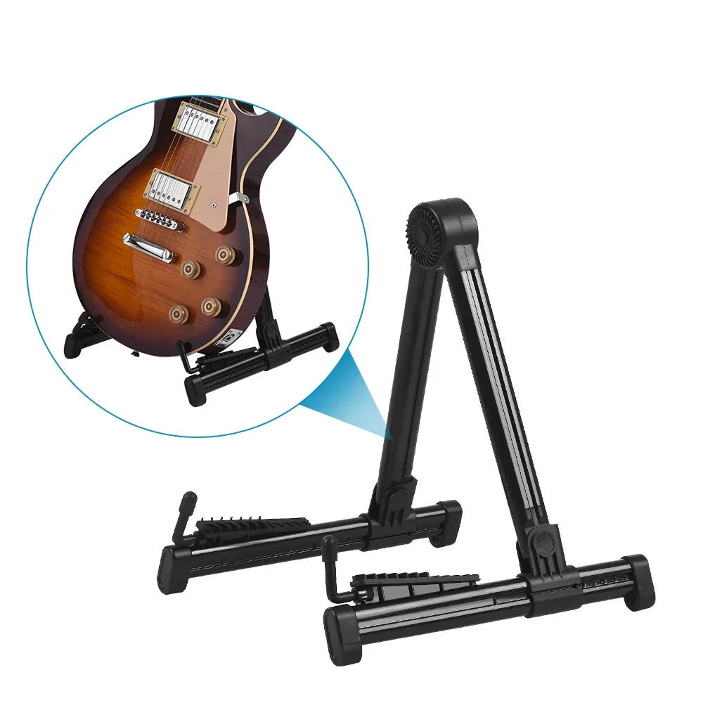 Black foldable professional electric guitar stand with adjustable height and sturdy base for universal musical rack holder
