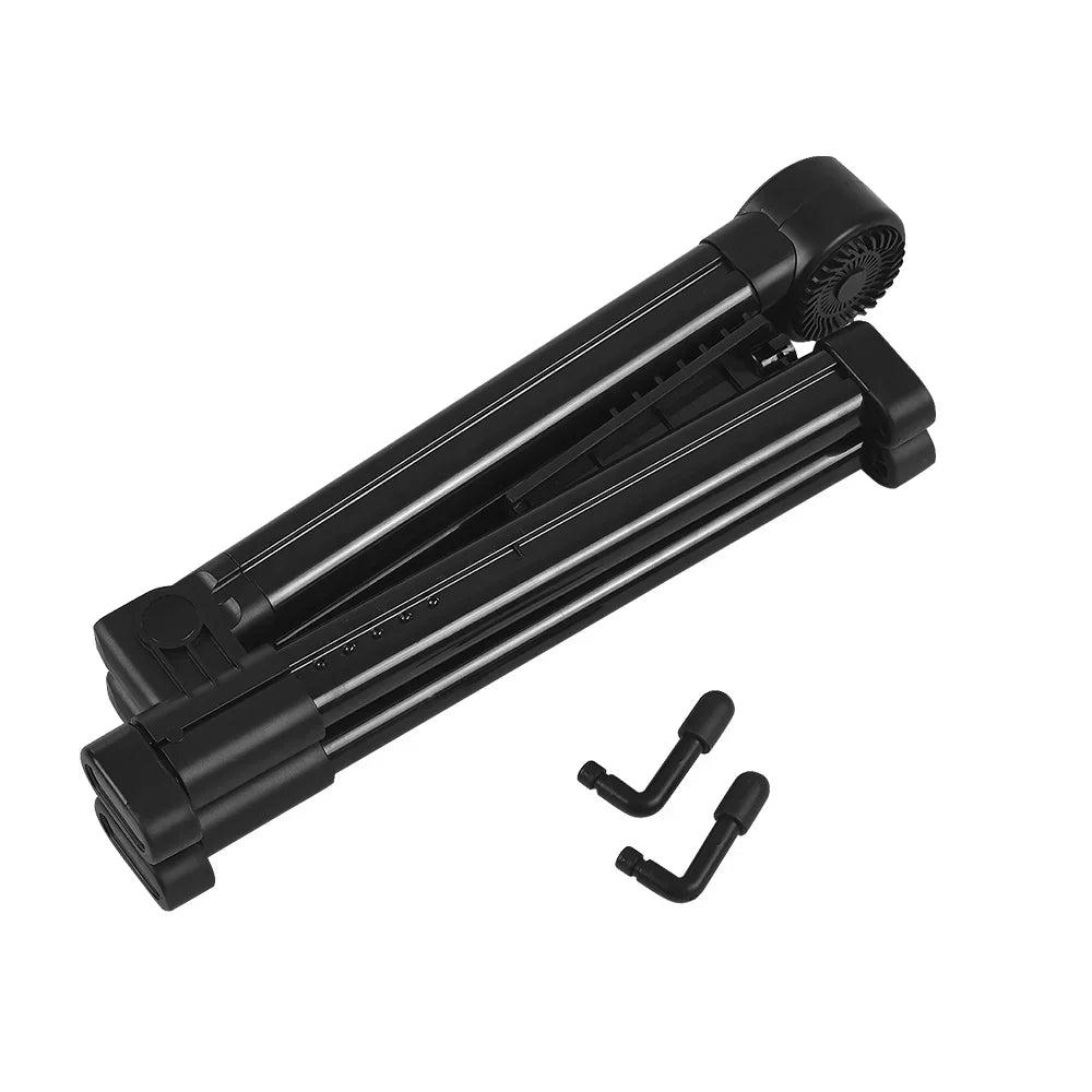 Black foldable professional electric guitar stand with built-in fan and two black l-shaped mounting brackets musical rack holder