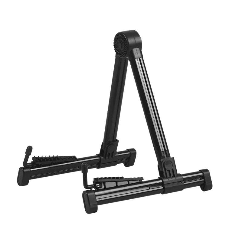 Black plastic professional electric guitar stand with adjustable legs and textured grip musical rack holder