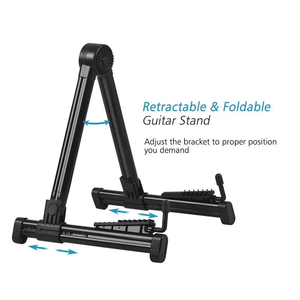 Black retractable foldable professional electric guitar stand with adjustable bracket for secure instrument support musical rack holder
