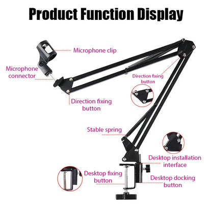 Black flexible desktop microphone adjustable boom scissor arm stand with articulated joints and desktop clamp for podcast streaming gaming