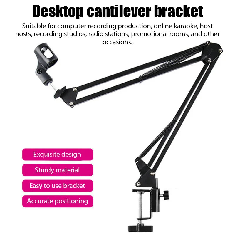 Black desktop cantilever bracket with adjustable arms and clamp base for flexible desktop microphone boom scissor stand