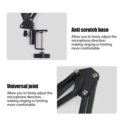 Black metal flexible desktop microphone stand with adjustable boom scissor arm and clamp for podcast streaming gaming use
