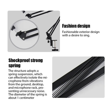 Black adjustable flexible desktop microphone stand with spring suspension and boom scissor arm for podcast streaming gaming