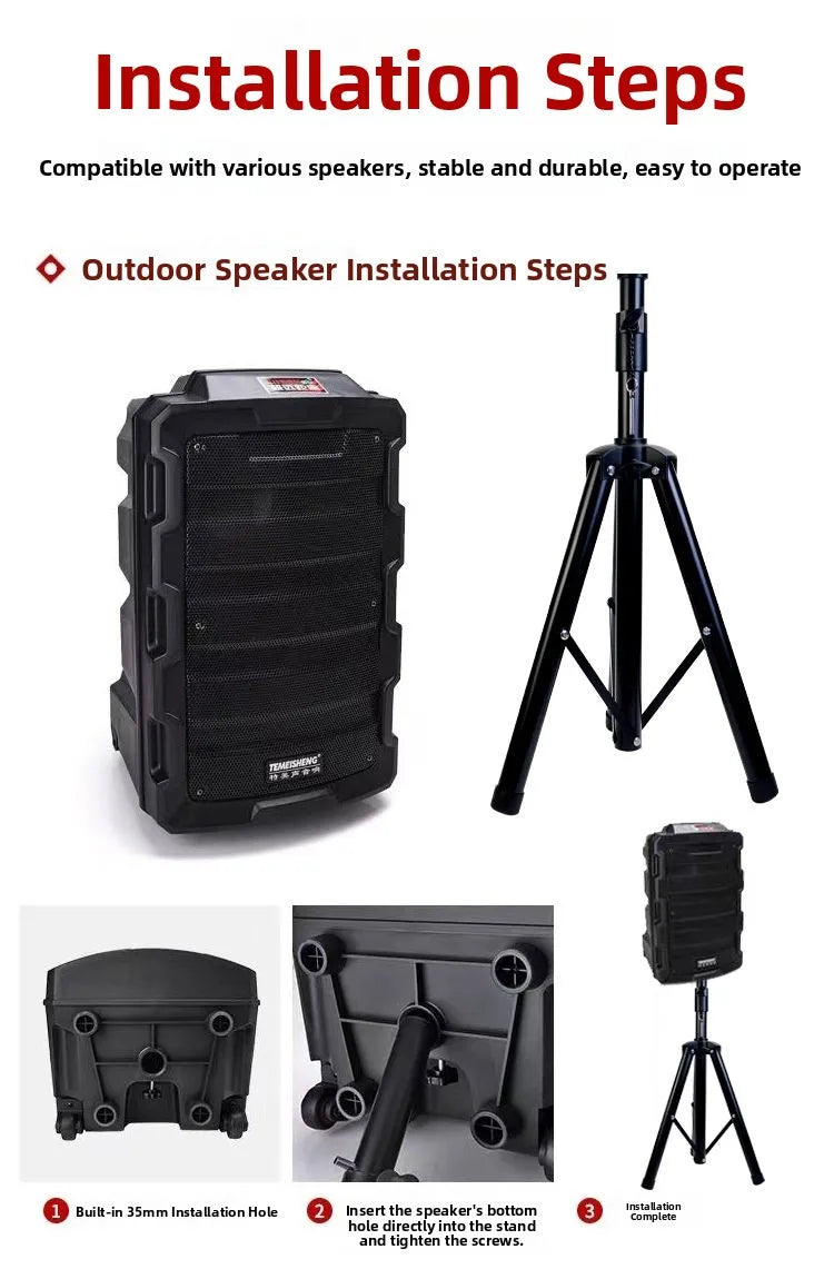Black rugged outdoor metal stage speaker with textured plastic casing and integrated wheels for bracket durable music use