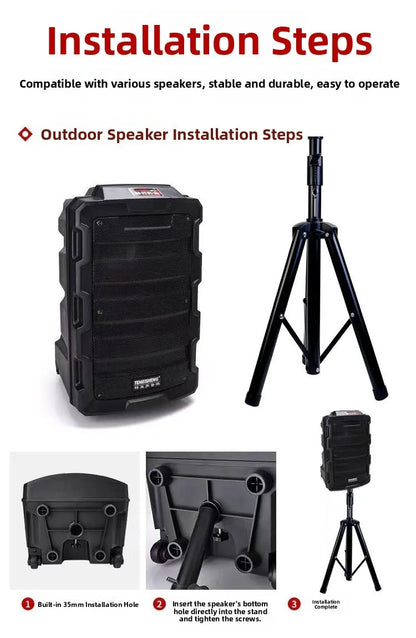 Black rugged outdoor metal stage speaker with textured plastic casing and integrated wheels for bracket durable music use
