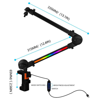 Black adjustable microphone boom arm with rainbow led light strip and orange clamp accent for live streaming desk mount