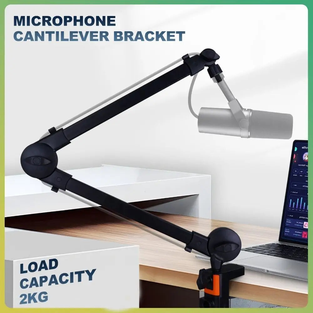 Black microphone boom arm with adjustable arms and clamp base holding a silver condenser microphone for live streaming