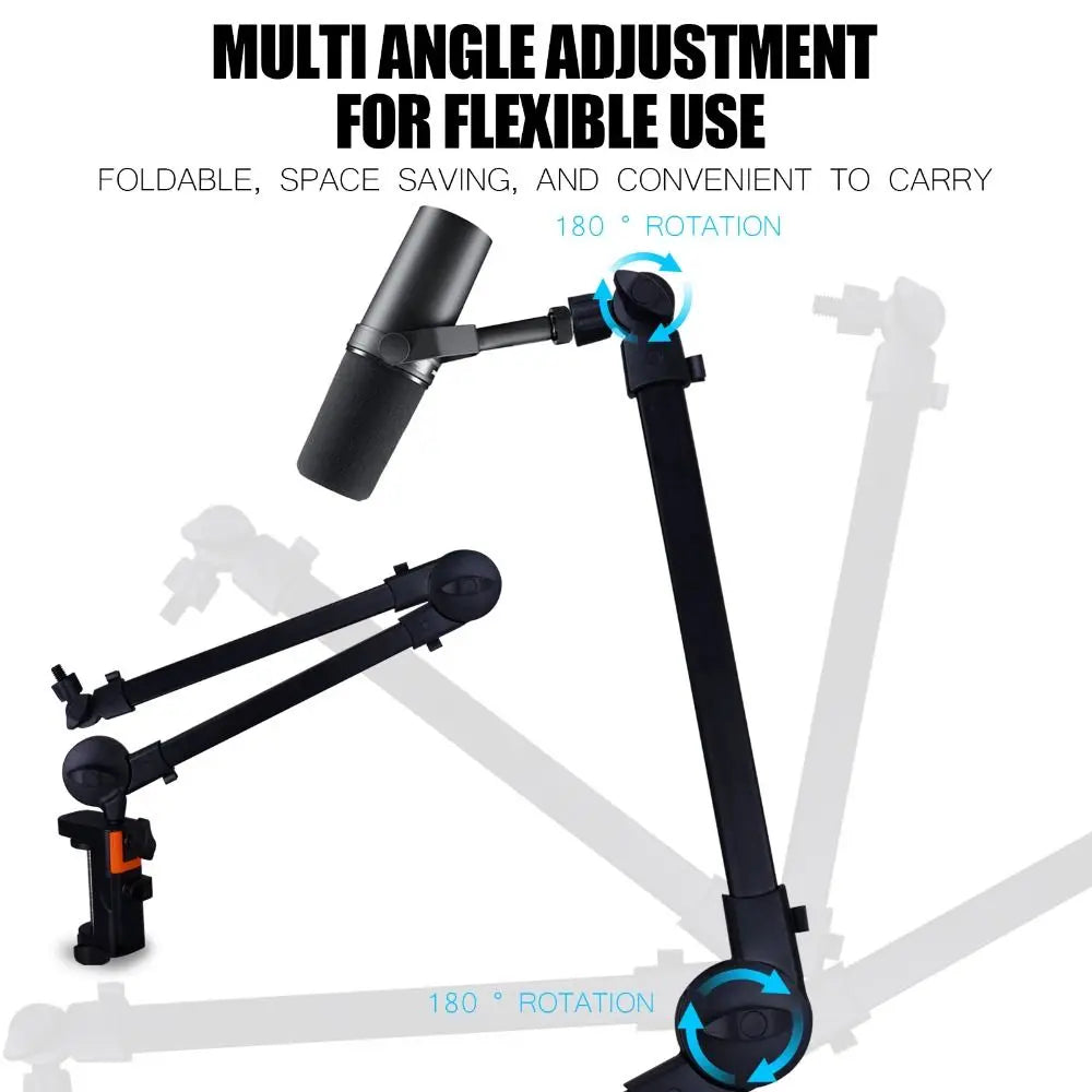 Black adjustable microphone boom arm with 360° rotation, multi-angle foldable design for professional live streaming