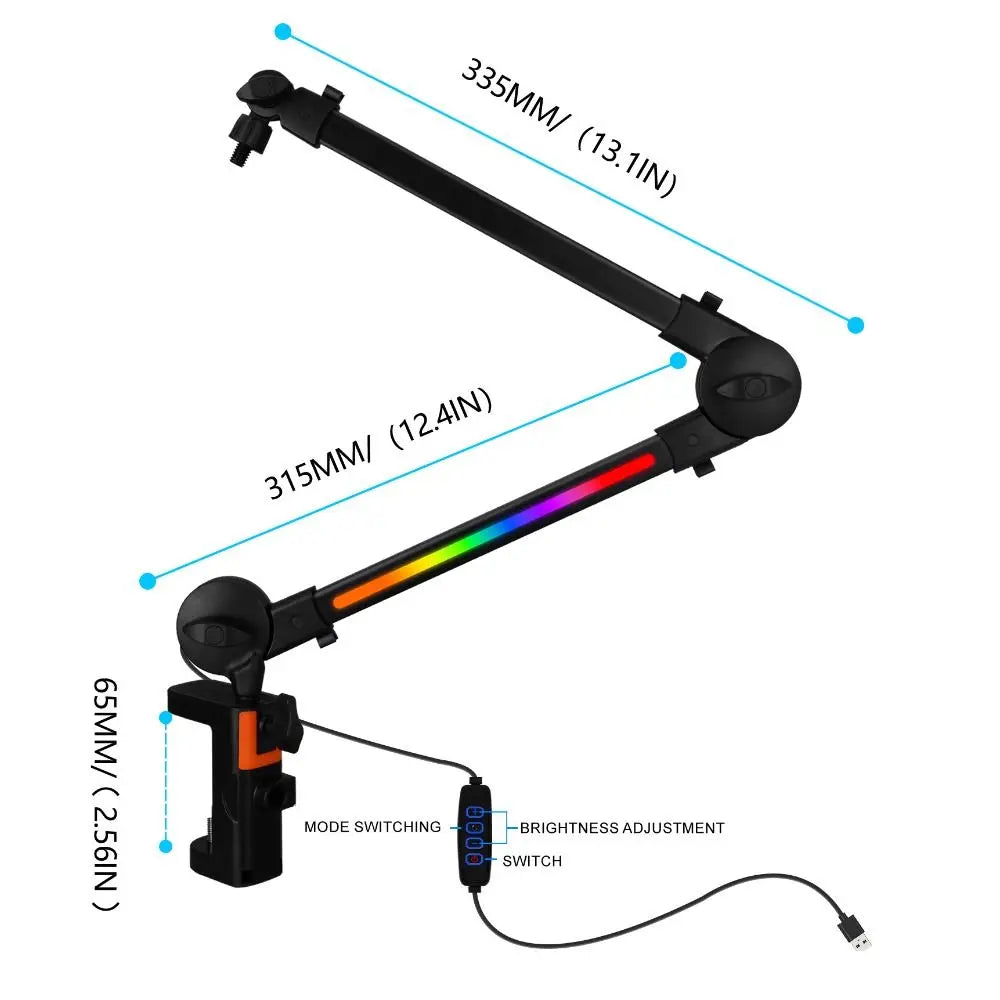 Black adjustable microphone boom arm with rainbow led light strip and orange clamp accent for live streaming desk mount