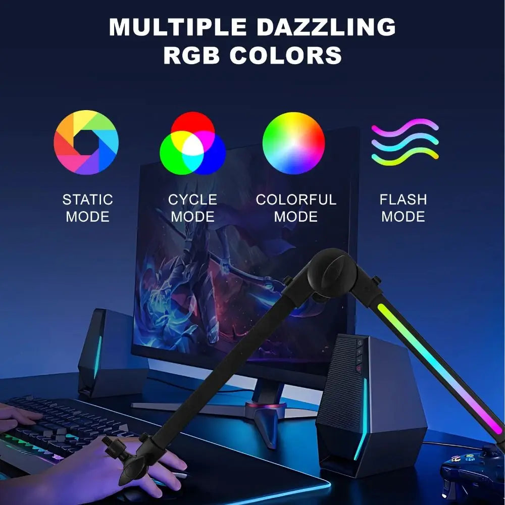 Adjustable rgb led desk lamp with sleek black arm and vibrant color-changing light strip paired with sturdy microphone boom arm