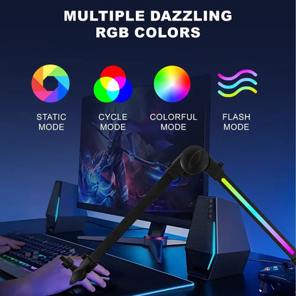 Adjustable rgb led desk lamp with sleek black arm and vibrant color-changing light strip paired with sturdy microphone boom arm