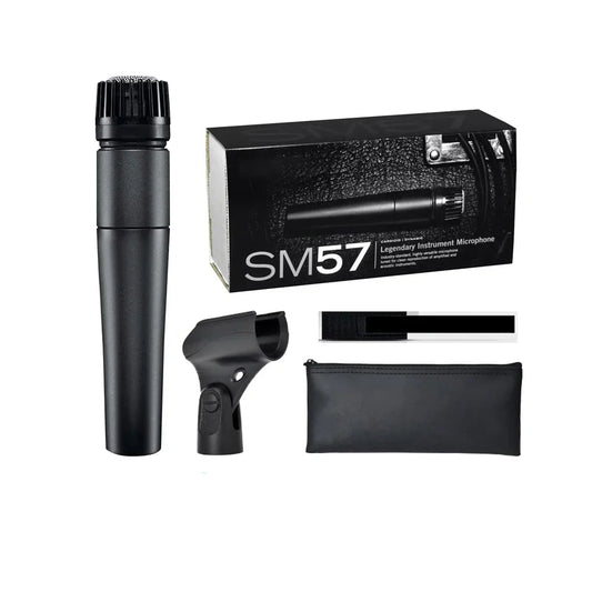 Black professional-grade sm57 dynamic instrument microphone with ribbed grille and matte finish for versatile recording