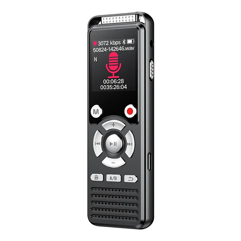 Black handheld voice recorder rechargeable with noise canceling mic and clear audio recording display and control buttons