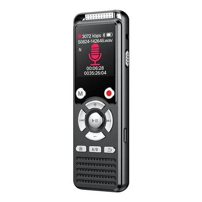 Black handheld voice recorder rechargeable with noise canceling mic and clear audio recording display and control buttons