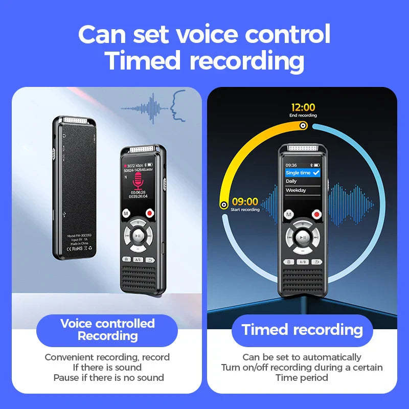 Black rectangular voice recorder rechargeable with noise canceling mic and screen for clear audio recording