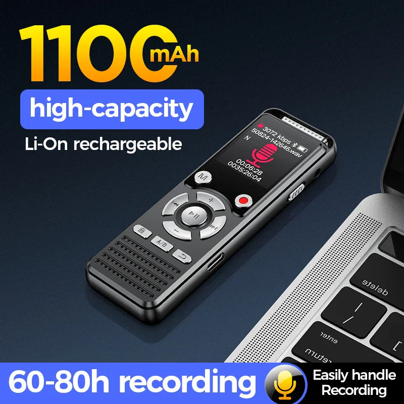 Black and silver digital voice recorder rechargeable with noise canceling mic and small screen for clear audio recording