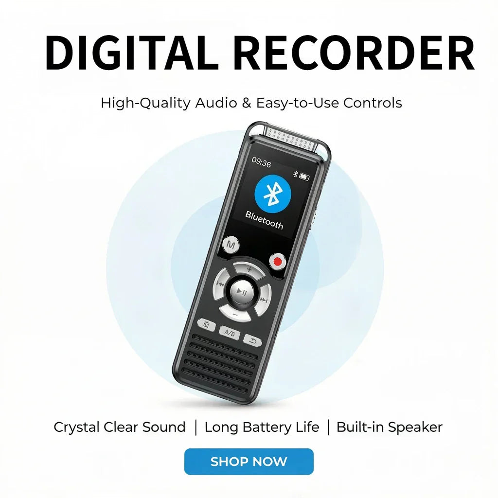 Black professional high-definition digital voice recorder with rechargeable noise canceling mic and clear audio recording touchscreen