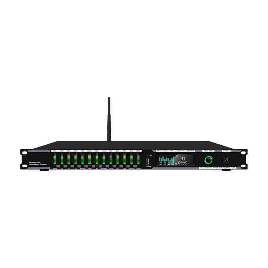 Black professional digital audio processor with green led meters and display for effector microphone ktv reverb usb bluetooth howling kara processor