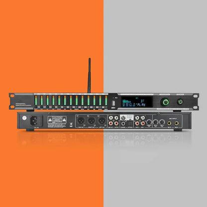 Black professional digital audio mixer with green led meters and play screen for effector microphone ktv usb bluetooth howling