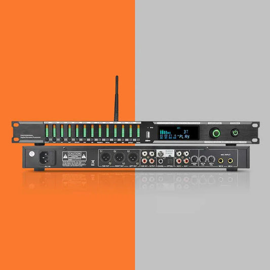 Black professional digital audio mixer with green led meters and play screen for effector microphone ktv usb bluetooth howling