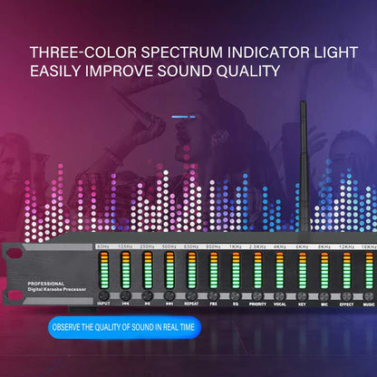 Black professional digital karaoke processor with illuminated frequency spectrum and antenna for usb bluetooth howling effector microphone ktv