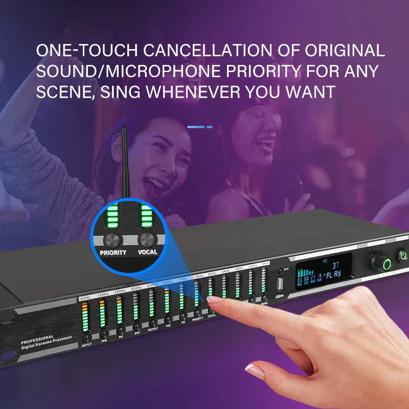 Black professional digital karaoke processor with illuminated green led indicators and audio levels screen for effector microphone ktv usb bluetooth howling