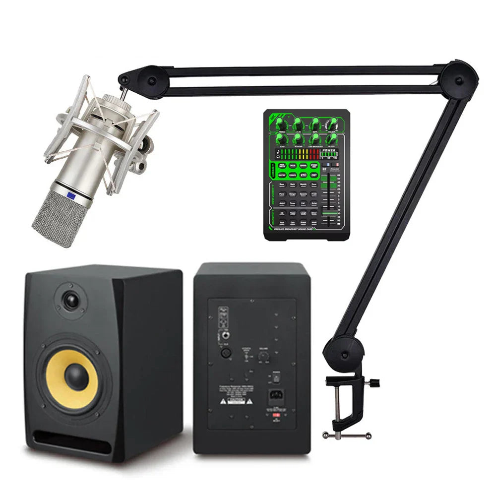Silver condenser noise cancelling microphone device recording with mesh grille and shock mount for professional home studio use