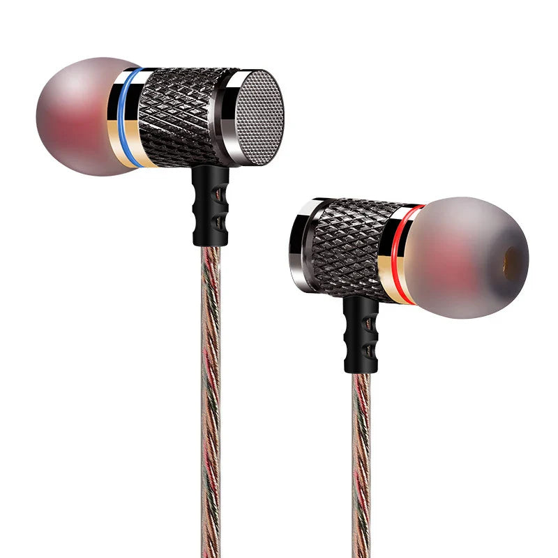 Black and silver metal heavy bass earphones with textured mesh body and colorful braided cable from earphone china’s high-end brand