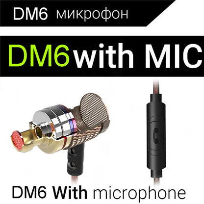 Dm6 metal heavy bass earphones with metallic finish and mesh grille featuring integrated microphone for mobile music use