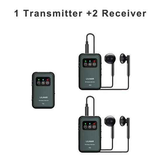 Black linear wireless monitor transmitter and receiver set with earbuds for stereo stage monitoring and mobile stage use