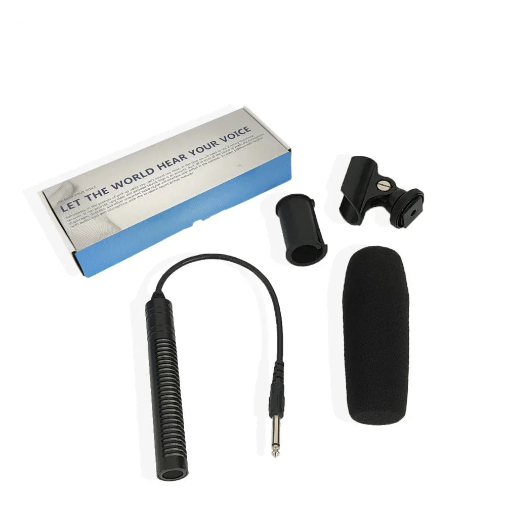 Black professional interview microphone condenser shotgun microphone with foam windscreen in blue and white box for filming canon nikon