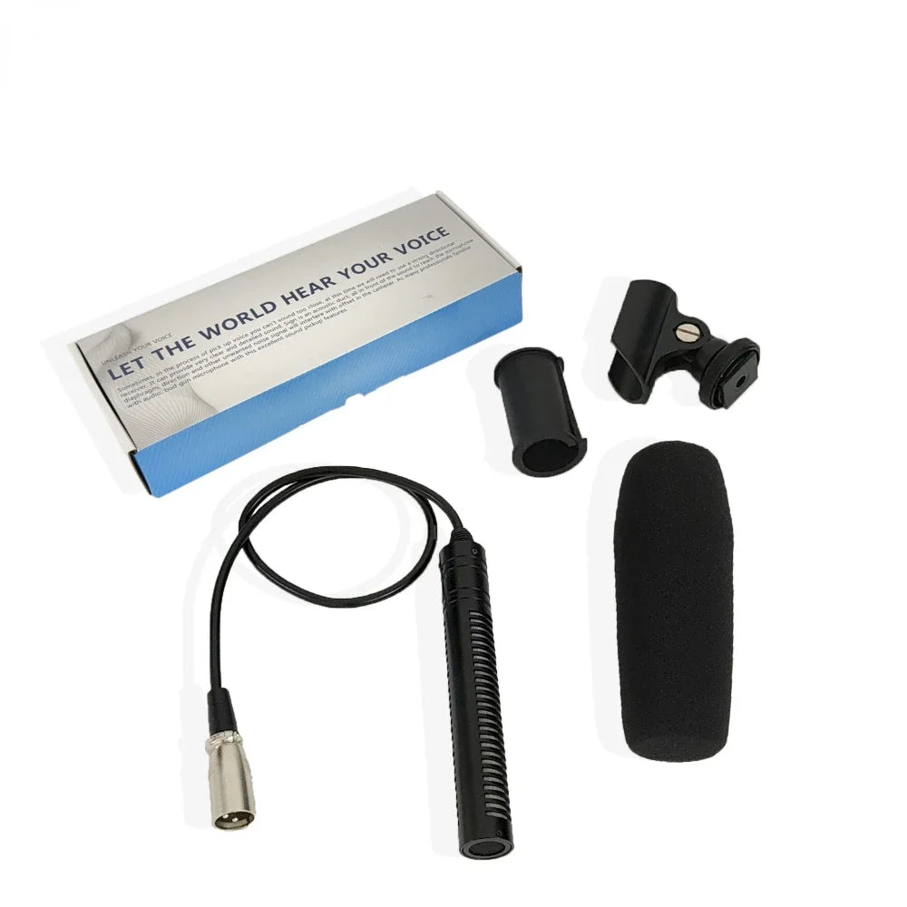 Black professional interview microphone condenser shotgun with textured grip and cable for filming canon nikon video DSLR
