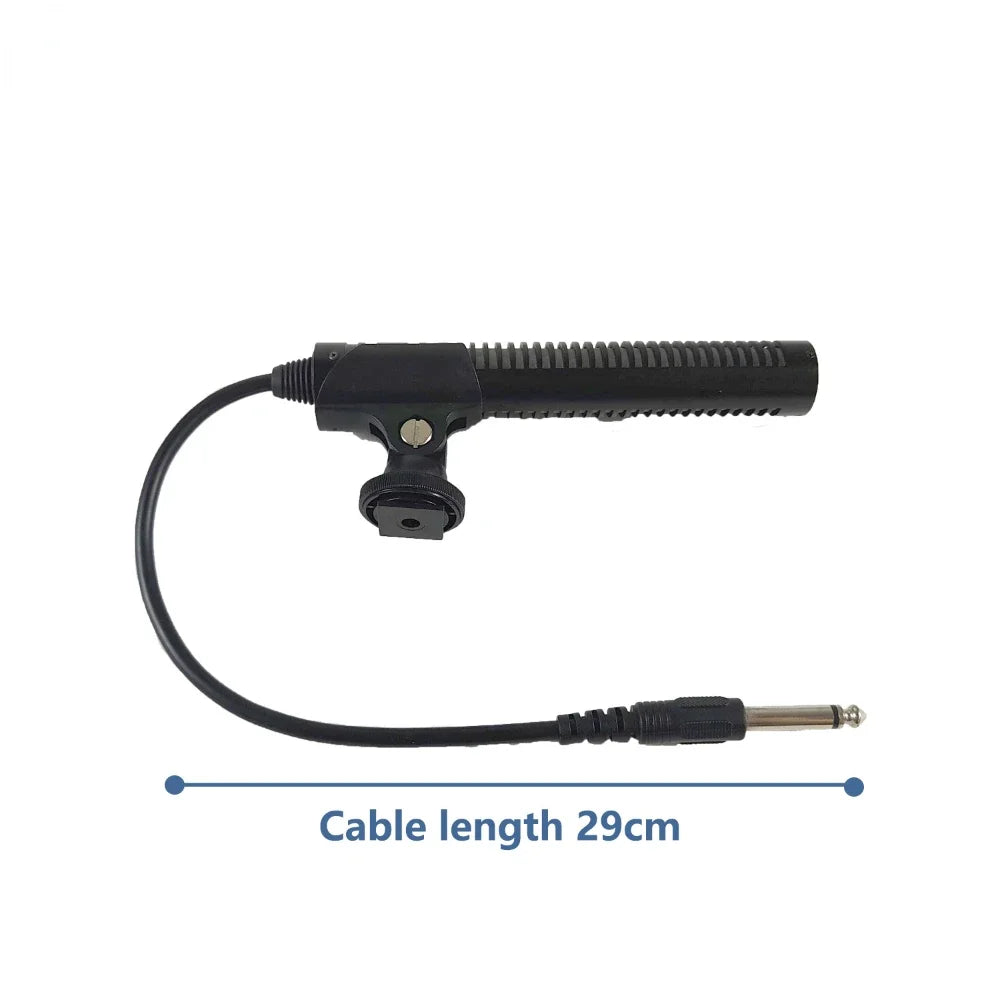 Black professional interview microphone condenser shotgun with textured grip and 29cm cable for filming canon nikon
