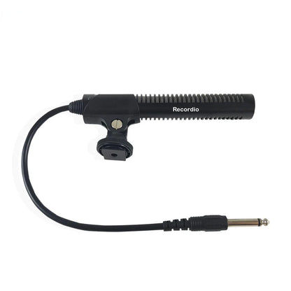 Black microphone condenser shotgun with textured grip and 3.5mm cable for professional interview microphone filming canon nikon