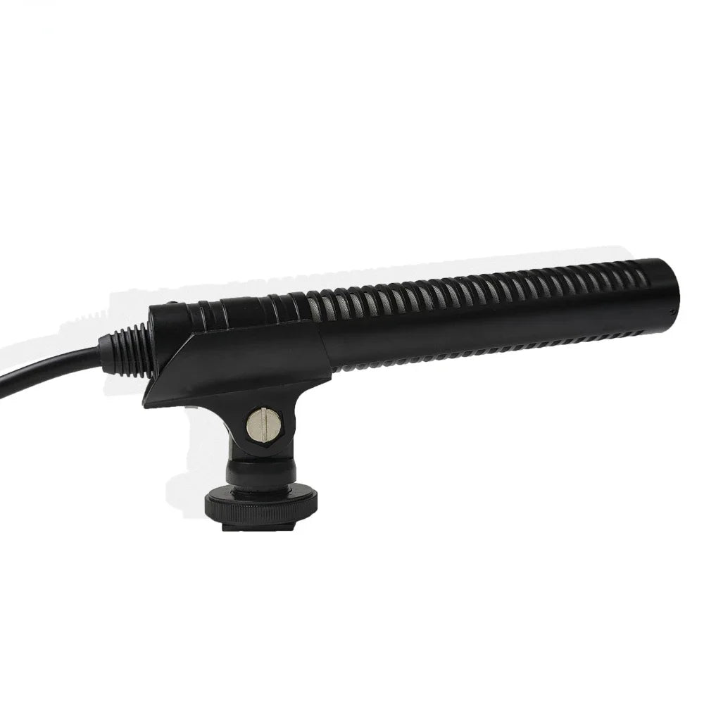 Black ribbed professional interview microphone condenser shotgun with mounting bracket and cable for filming canon nikon use