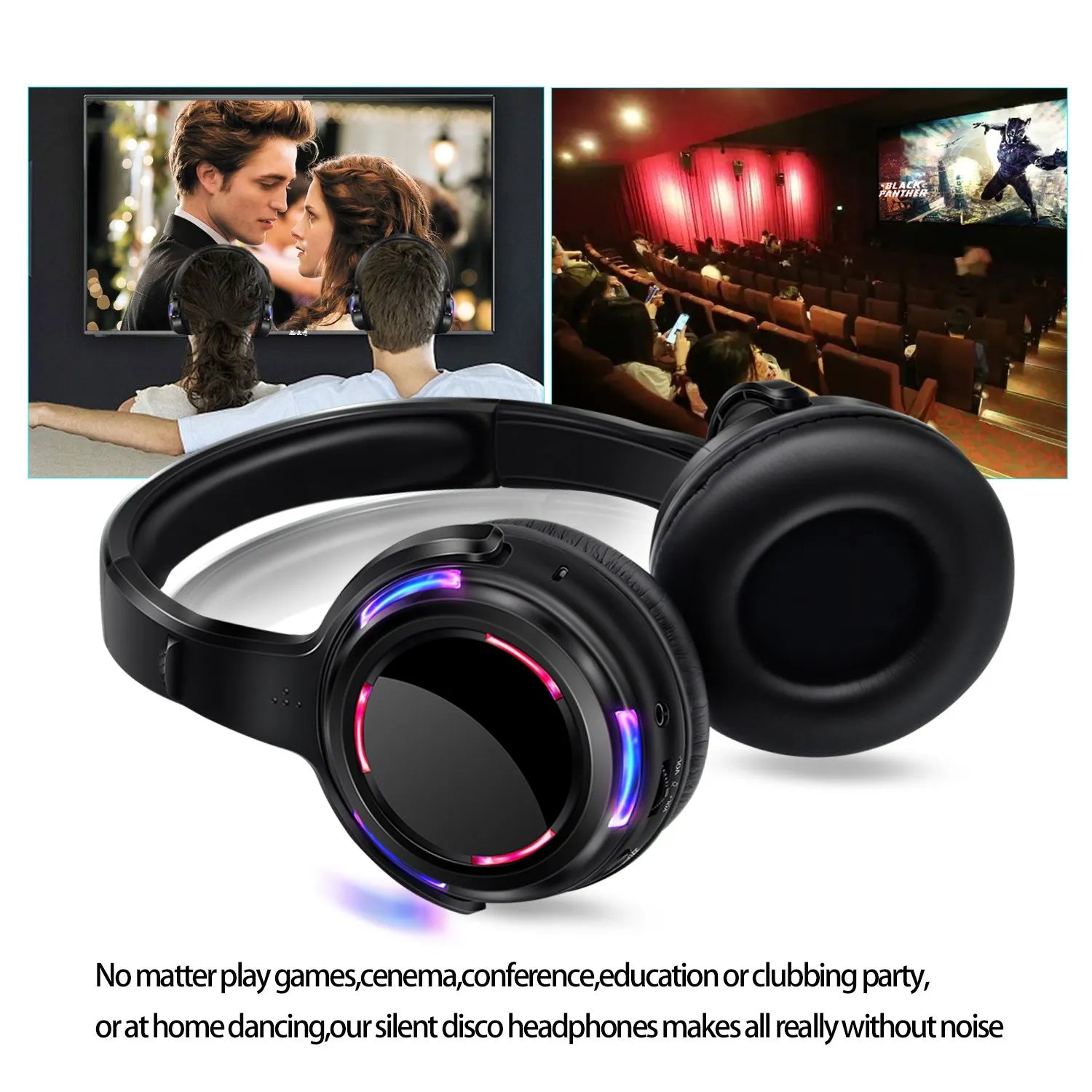 Black over-ear professional led flashing silent disco wireless headphones with glowing purple and pink lights for party dj clubbing