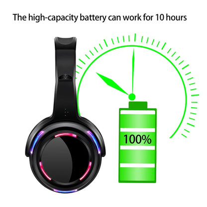 Black over-ear professional led flashing silent disco wireless headphones with glowing rgb lighting for party dj clubbing use