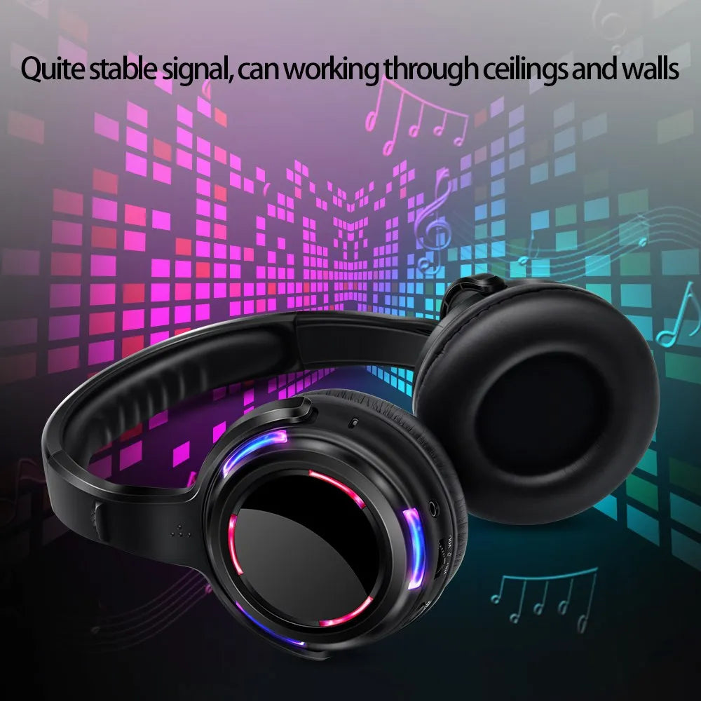 Black over-ear professional led flashing silent disco wireless headphones with rgb lighting for party dj clubbing use