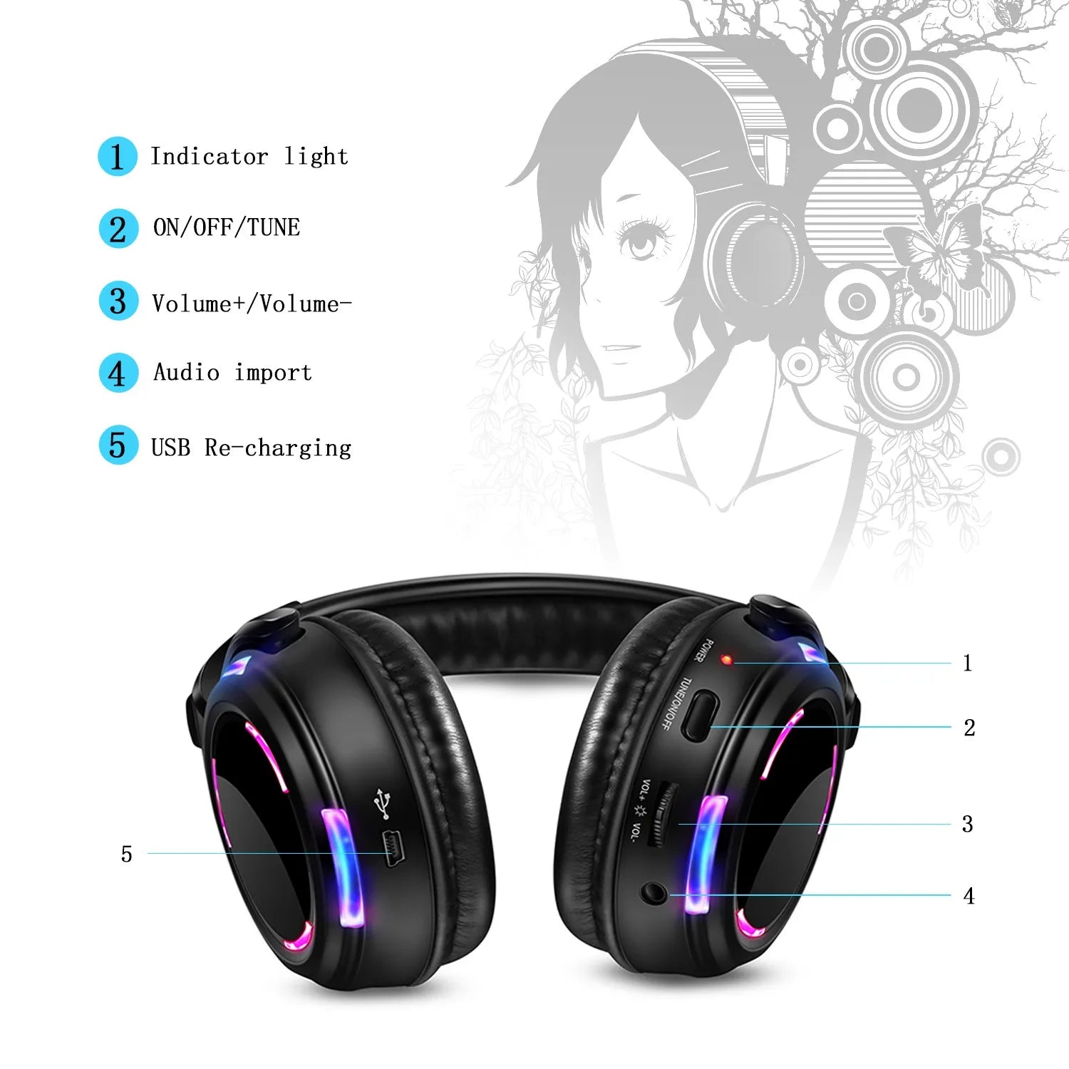 Black professional led flashing silent disco wireless headphones with glowing purple and blue led lights for party dj clubbing