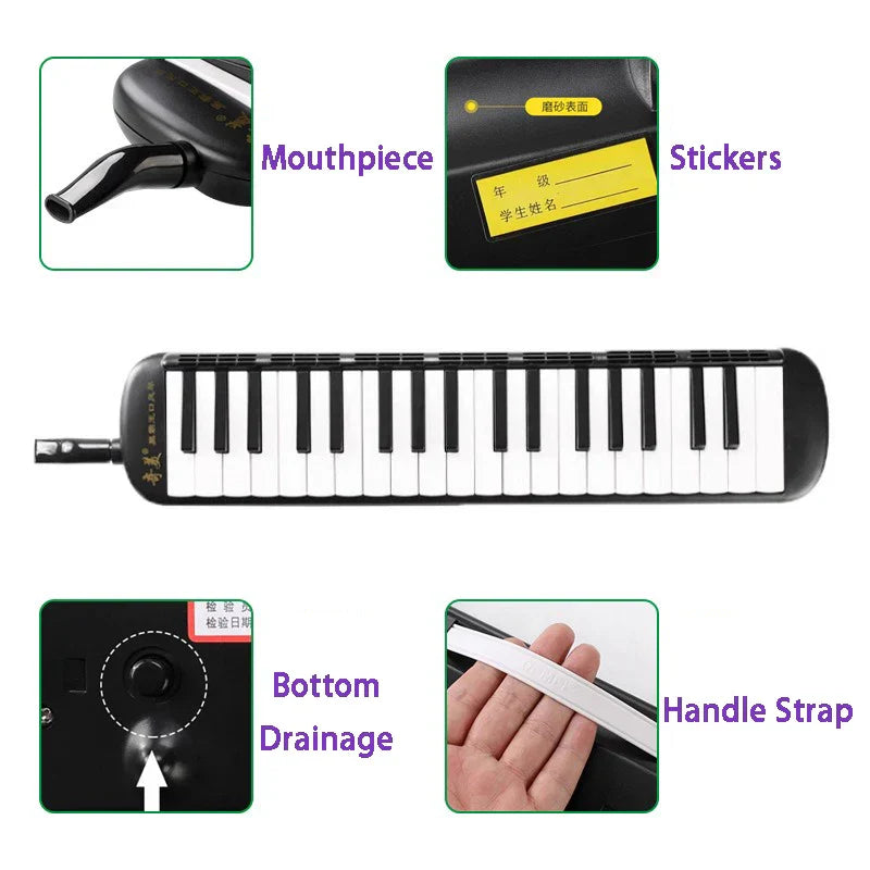 Professional melodica 37 keys black plastic musical keyboard kids mouth organ with handle strap and removable stickers