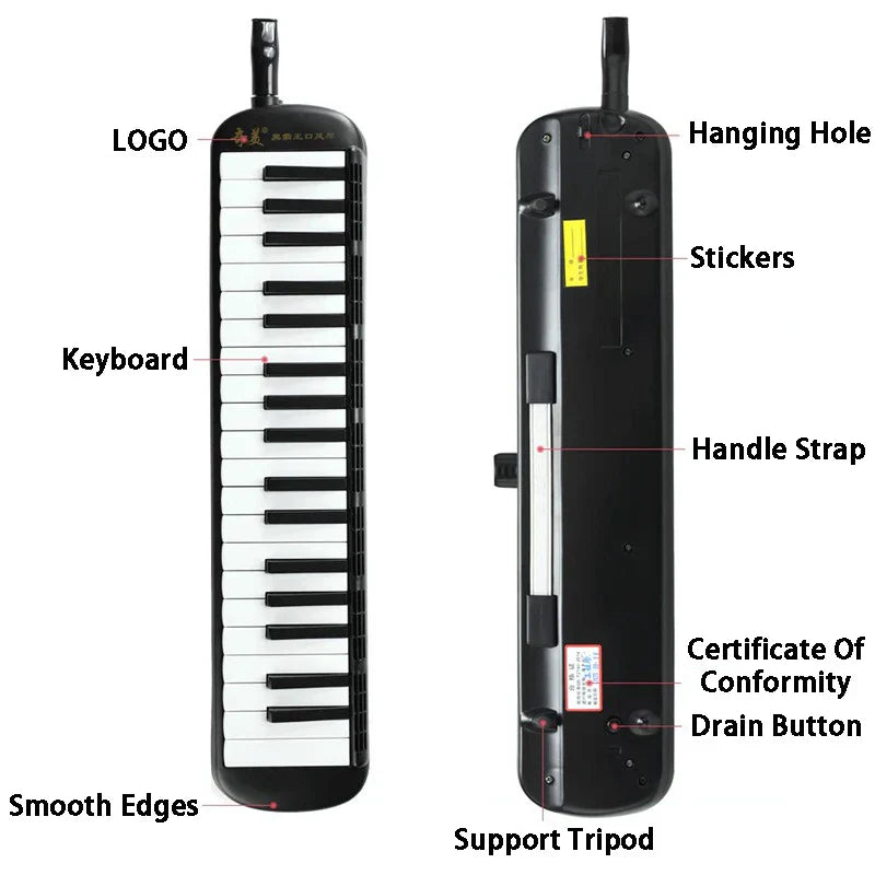 Black plastic professional melodica with 37 white and black keys, handle strap, hanging hole, and support tripod for kids mouth organ use