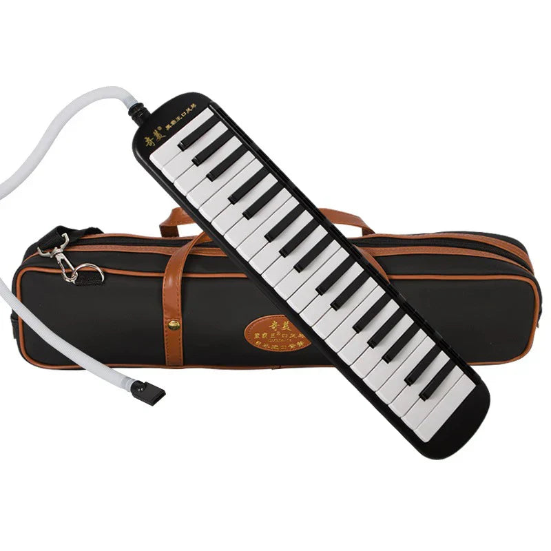 Black and white 32-key professional melodica with brown leather trim carrying case perfect for kids mouth organ use