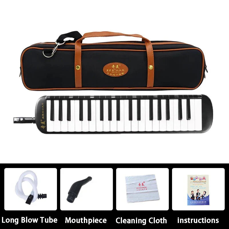 Black and white 37-key harmonica with black case and brown leather straps for kids mouth organ and button accordion music