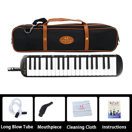 Black and white 37-key harmonica with black case and brown leather straps for kids mouth organ and button accordion music