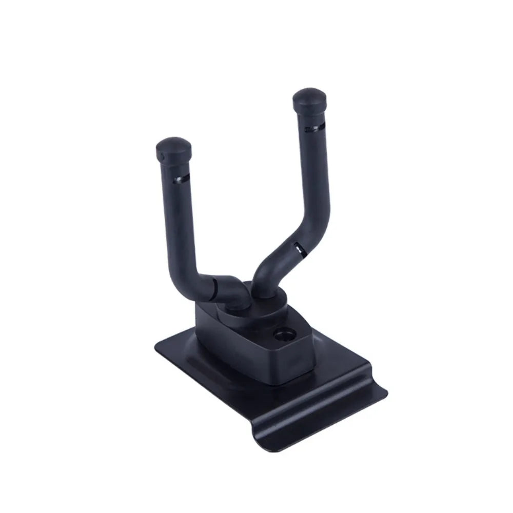 Black metal guitar hanger hook with sturdy rectangular base and curved arms for secure ukulele violin stand display rack bass